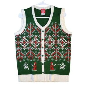 My Christmas Party Sweater Pullover Vest Red Green Santa Snowflakes Mens Size S